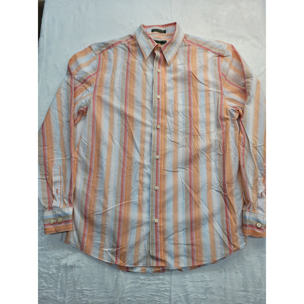 Eddie Bauer Button Down Shirt Mens Medium Orange Blue Striped Long Sleeve